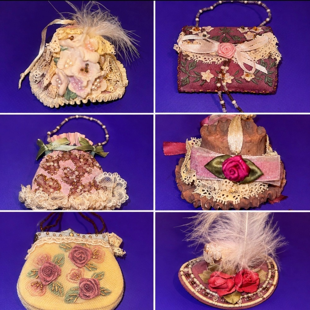 Lot Of 6 Kurt Adler Vintage Victorian Hat Purse Ornaments Lace Flower
